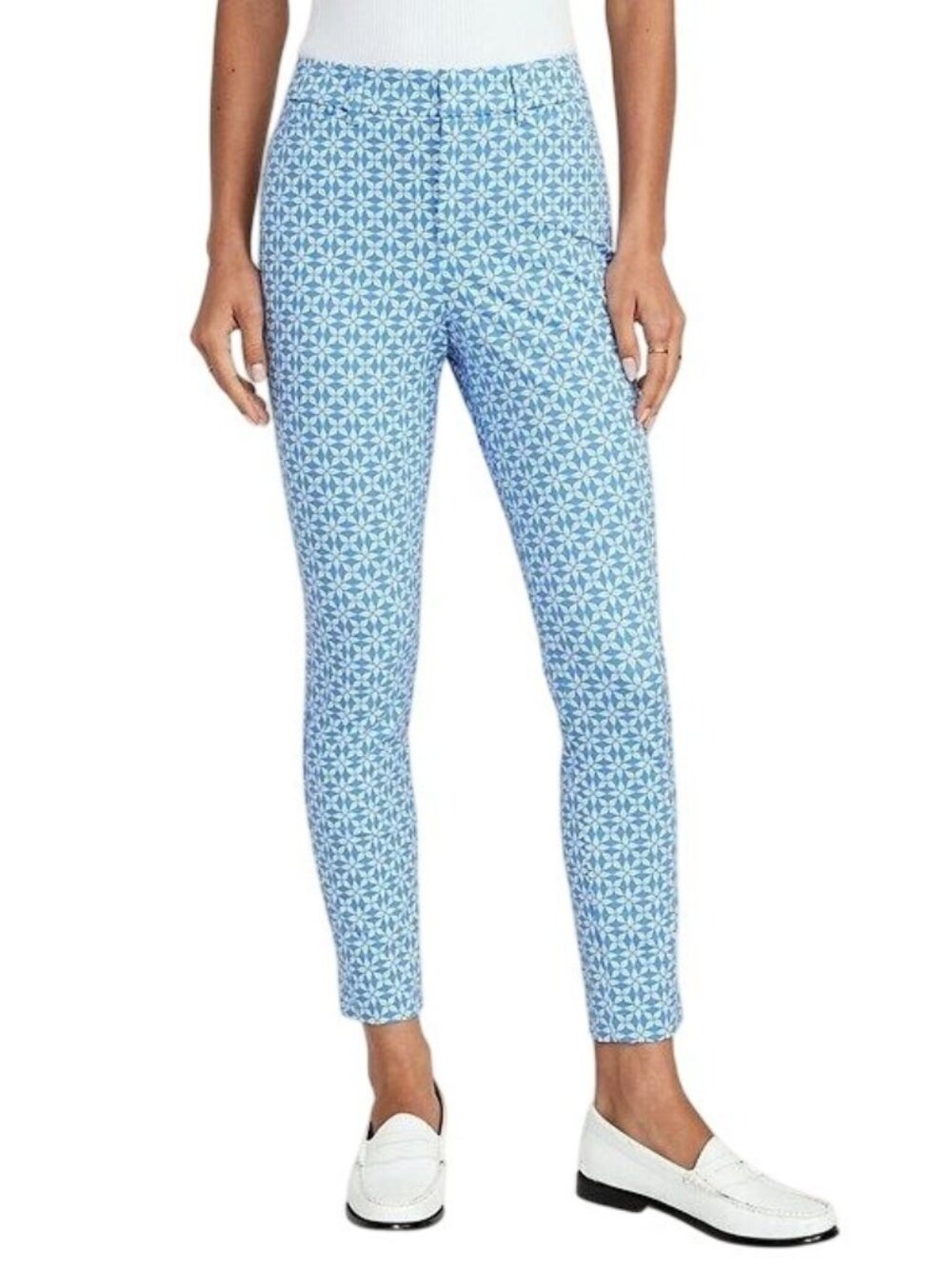 NWT Old Navy Preppy Womens High-Rise Pixie Ankle Pants Blue/White Geometric 14